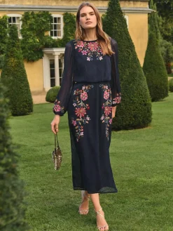 Clearance Love & Roses Navy Floral Embroidered Crew Neck Midi Dress