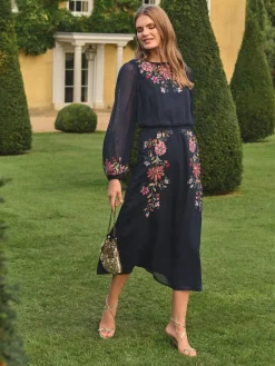 Clearance Love & Roses Navy Floral Embroidered Crew Neck Midi Dress