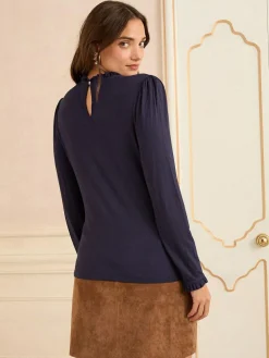 Love & Roses Navy Frill Neck Long Sleeve Jersey Top^Women Blouses & Shirts