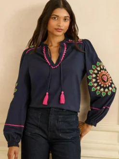 Love & Roses Navy Heart Ric Rac Embroidered Notch Neck Long Sleeve Top^Women Tops & T-Shirts