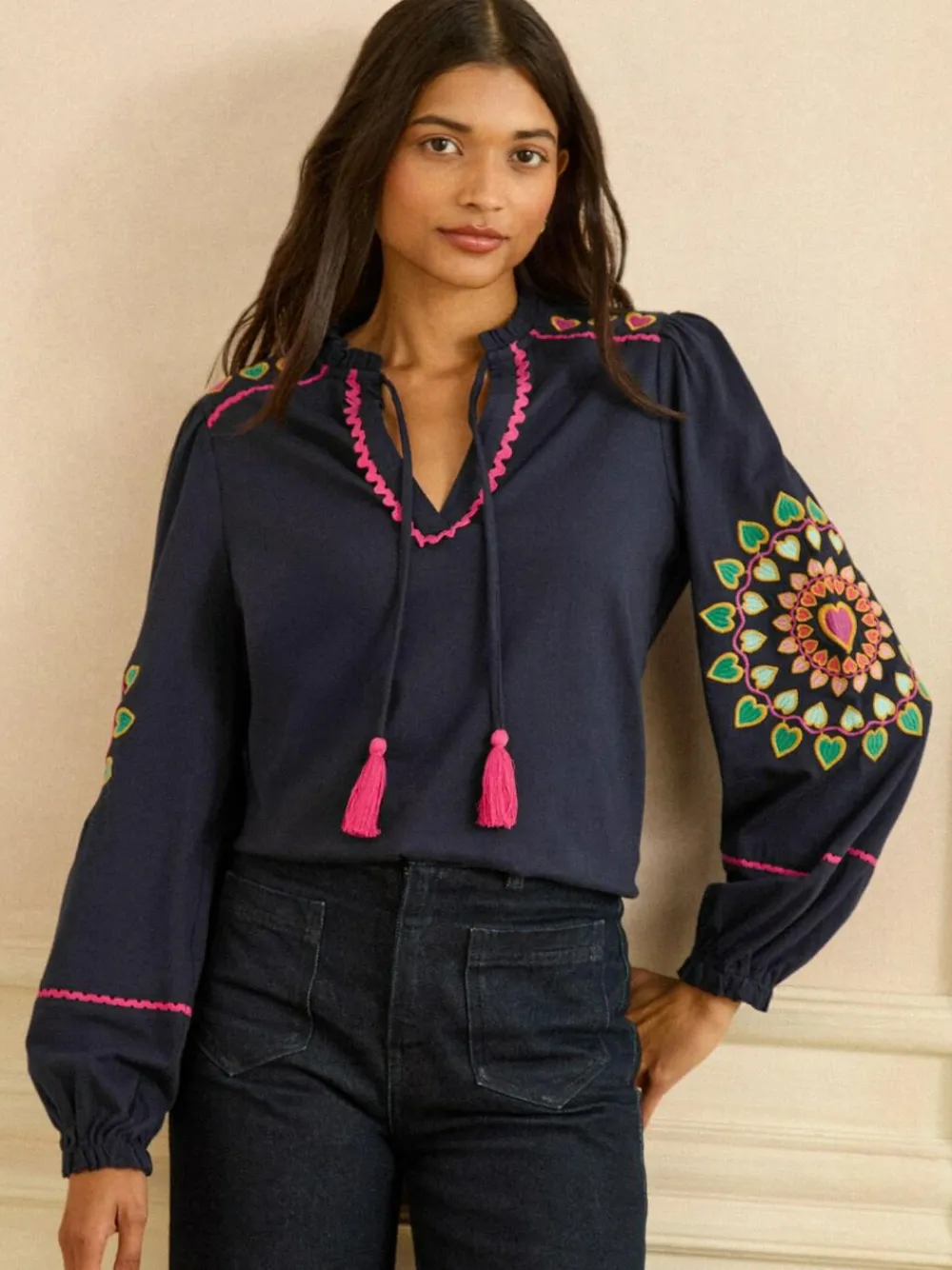Love & Roses Navy Heart Ric Rac Embroidered Notch Neck Long Sleeve Top^Women Tops & T-Shirts