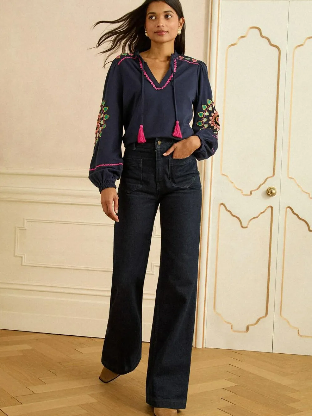 Love & Roses Navy Heart Ric Rac Embroidered Notch Neck Long Sleeve Top^Women Tops & T-Shirts