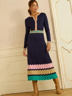 New Love & Roses Notch Neck Knitted Midi Dress Navy