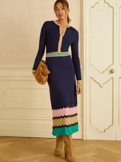 New Love & Roses Notch Neck Knitted Midi Dress Navy