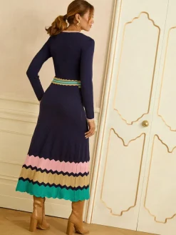 New Love & Roses Notch Neck Knitted Midi Dress Navy