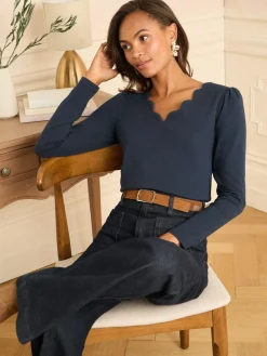Love & Roses Navy Scallop V-Neck Long Sleeve Jersey Top^Women Tops & T-Shirts
