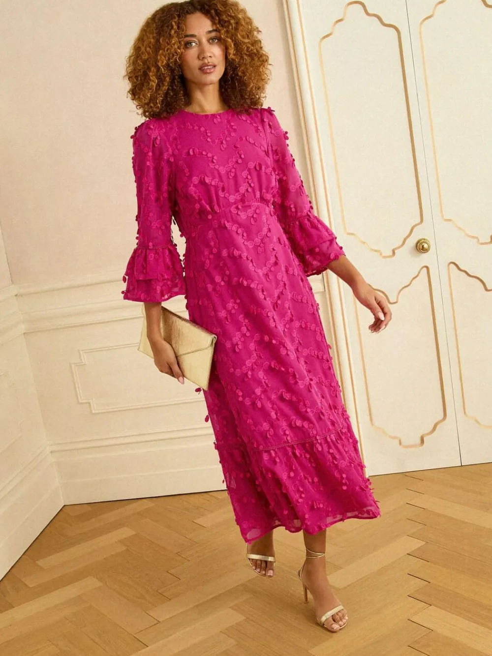 Clearance Love & Roses Flute Sleeve Midi Dress Pink 3D
