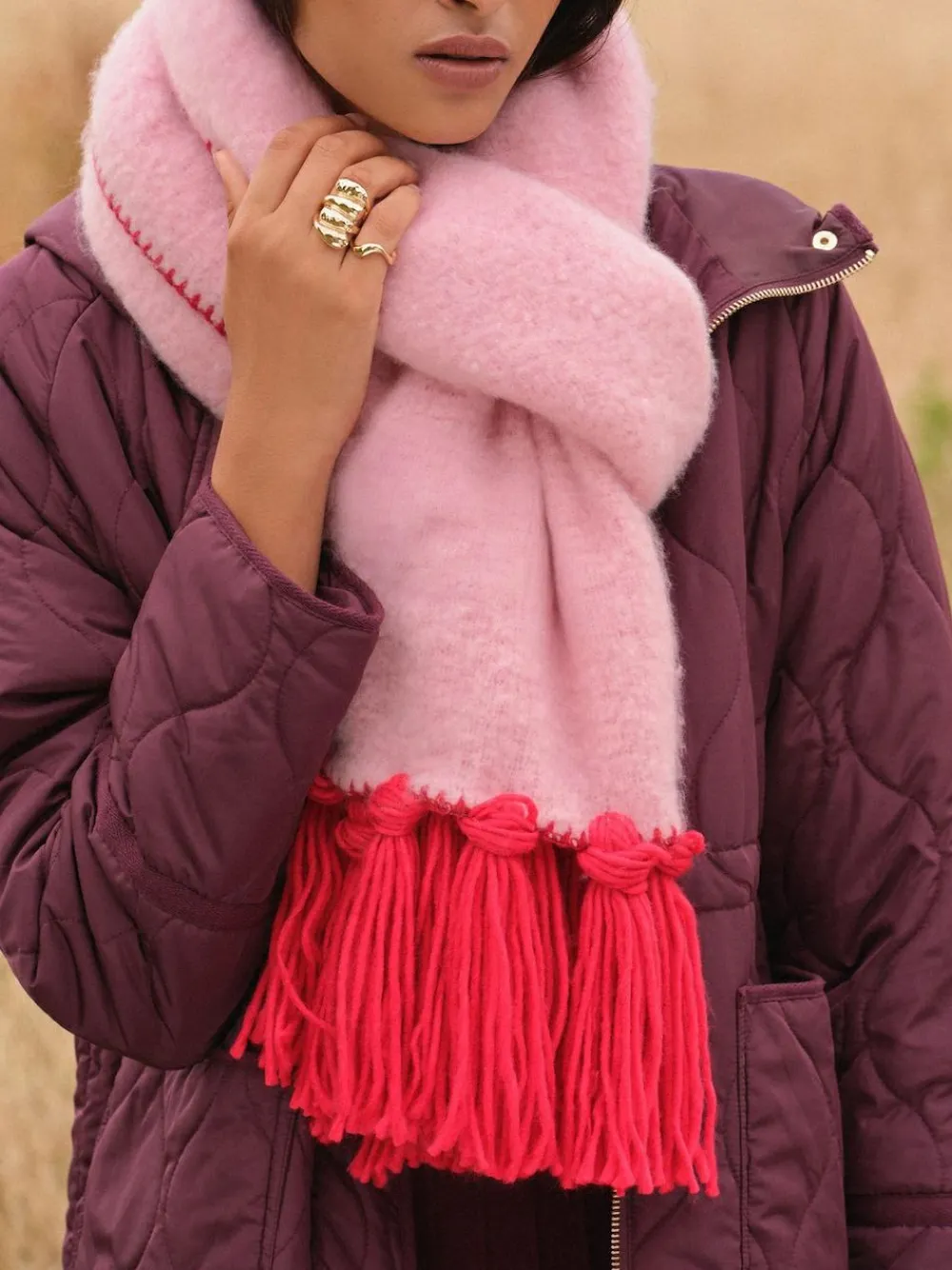 Clearance Love & Roses Tassel Cosy Contrast Brushed Scarf Pink/Red