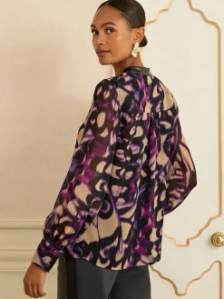 Discount Love & Roses Long Sleeve Zip Front Blouse Purple Animal