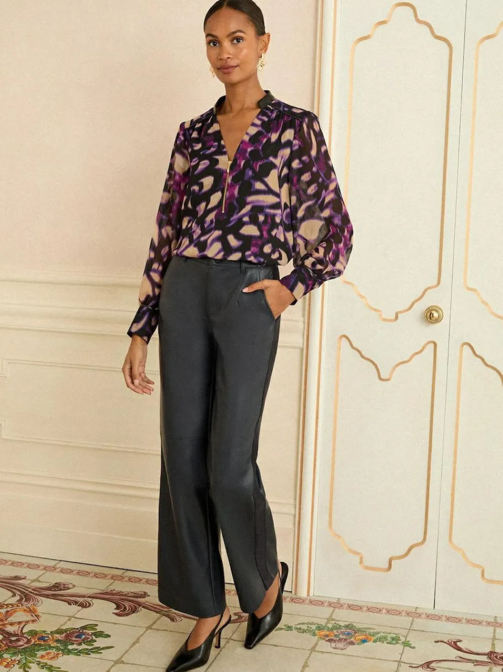 Discount Love & Roses Long Sleeve Zip Front Blouse Purple Animal