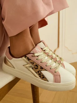 Online Love & Roses Mix Flatform Comfort Retro Low Top Trainers Real Leather Pink Leopard White