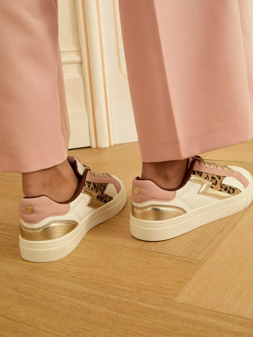 Online Love & Roses Mix Flatform Comfort Retro Low Top Trainers Real Leather Pink Leopard White