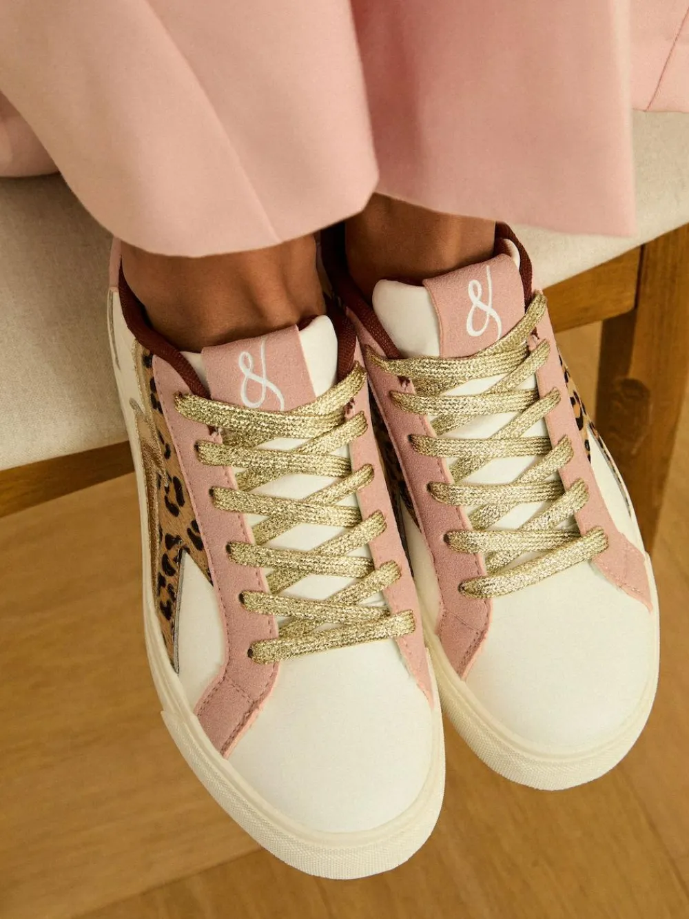 Online Love & Roses Mix Flatform Comfort Retro Low Top Trainers Real Leather Pink Leopard White