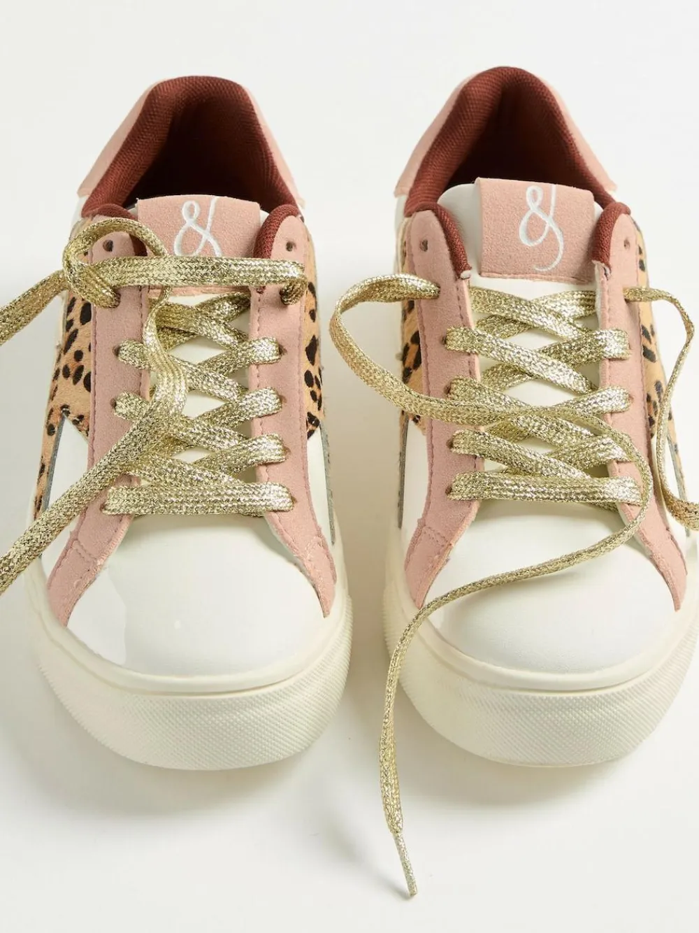 Online Love & Roses Mix Flatform Comfort Retro Low Top Trainers Real Leather Pink Leopard White