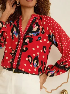Love & Roses Red Animal Notch Neck Long Sleeve Blouse^Women Blouses & Shirts