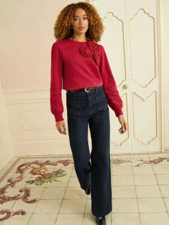 Love & Roses Red Corsage Detail Crew Neck Jersey Sweatshirt^Women Hoodies & Sweatshirts