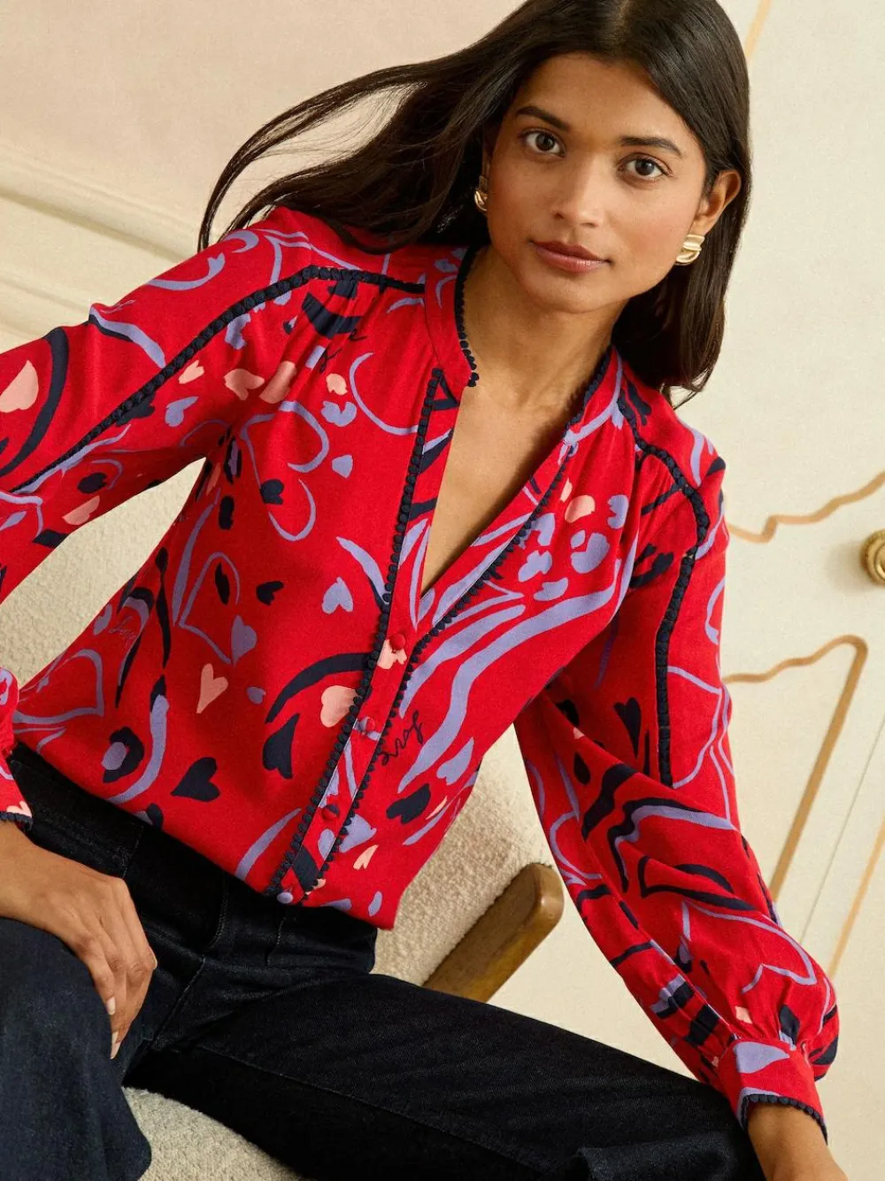 Best Love & Roses Red Print Notch Neck Long Sleeve Blouse