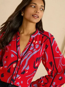 Best Love & Roses Red Print Notch Neck Long Sleeve Blouse