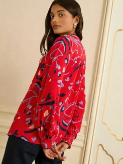 Best Love & Roses Red Print Notch Neck Long Sleeve Blouse