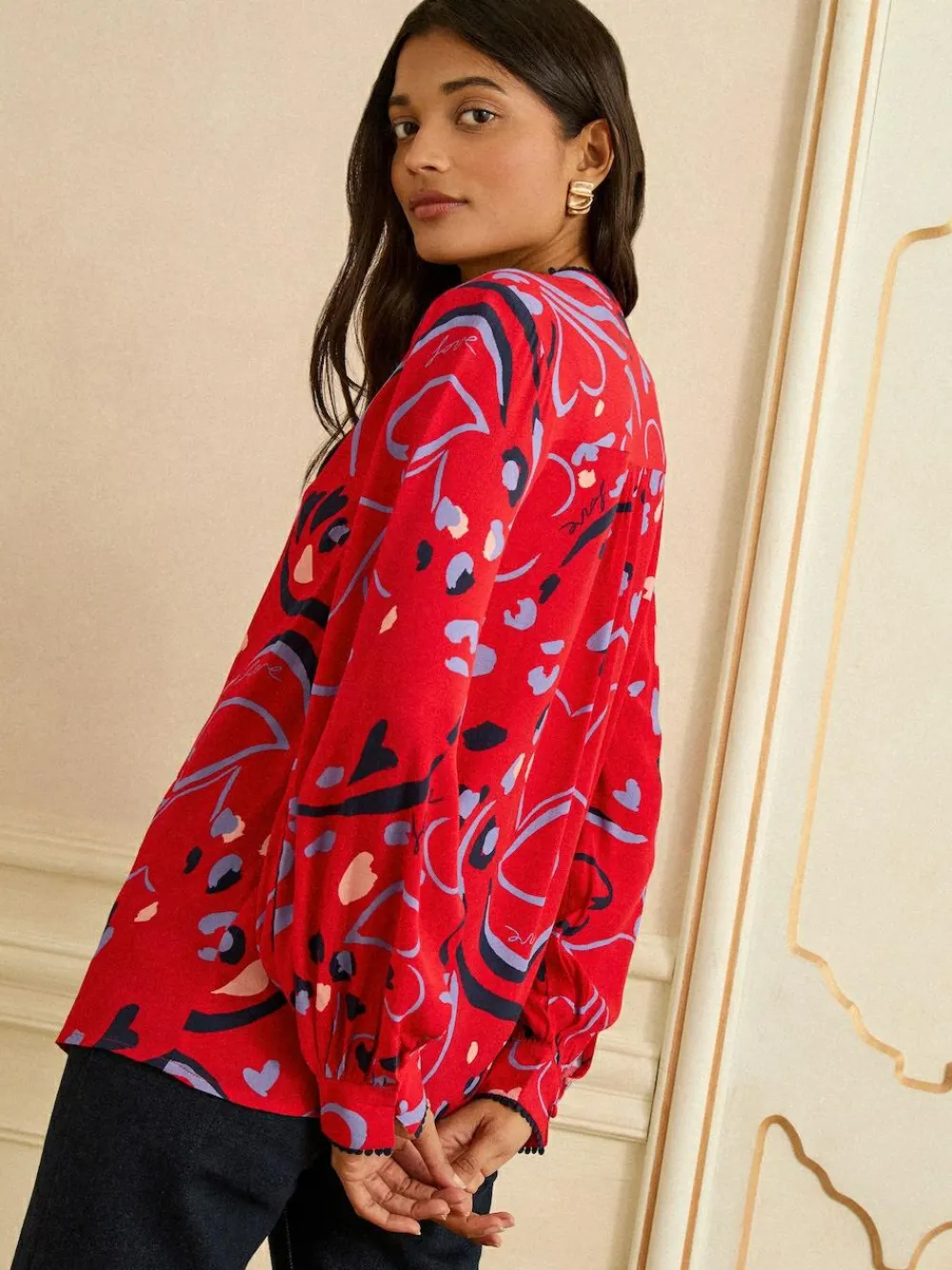 Best Love & Roses Red Print Notch Neck Long Sleeve Blouse