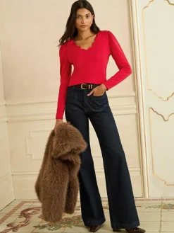 Sale Love & Roses Red Scallop V-Neck Long Sleeve Jersey Top