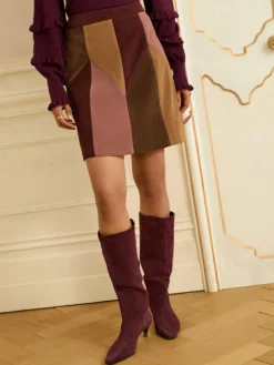 New Love & Roses Tan Brown and Pink Faux Suede Patchwork Mini Skirt