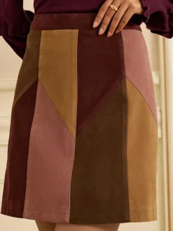 Online Love & Roses Tan Brown and Pink Petite Faux Suede Patchwork Mini Skirt