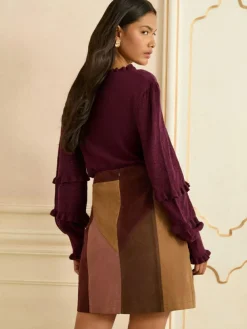 Online Love & Roses Tan Brown and Pink Petite Faux Suede Patchwork Mini Skirt