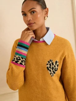 Sale Love & Roses Yellow Animal Print Heart Crew Neck Cosy Jumper