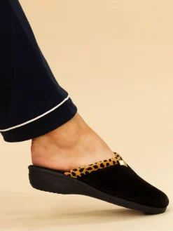 Clearance Lunar Black Michelle Animal Print Trim Wedged Mule Slippers