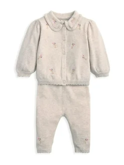 Best Mamas & Papas Brown Embroidered Knit Cardigan & Leggings Set with Scallop Detail
