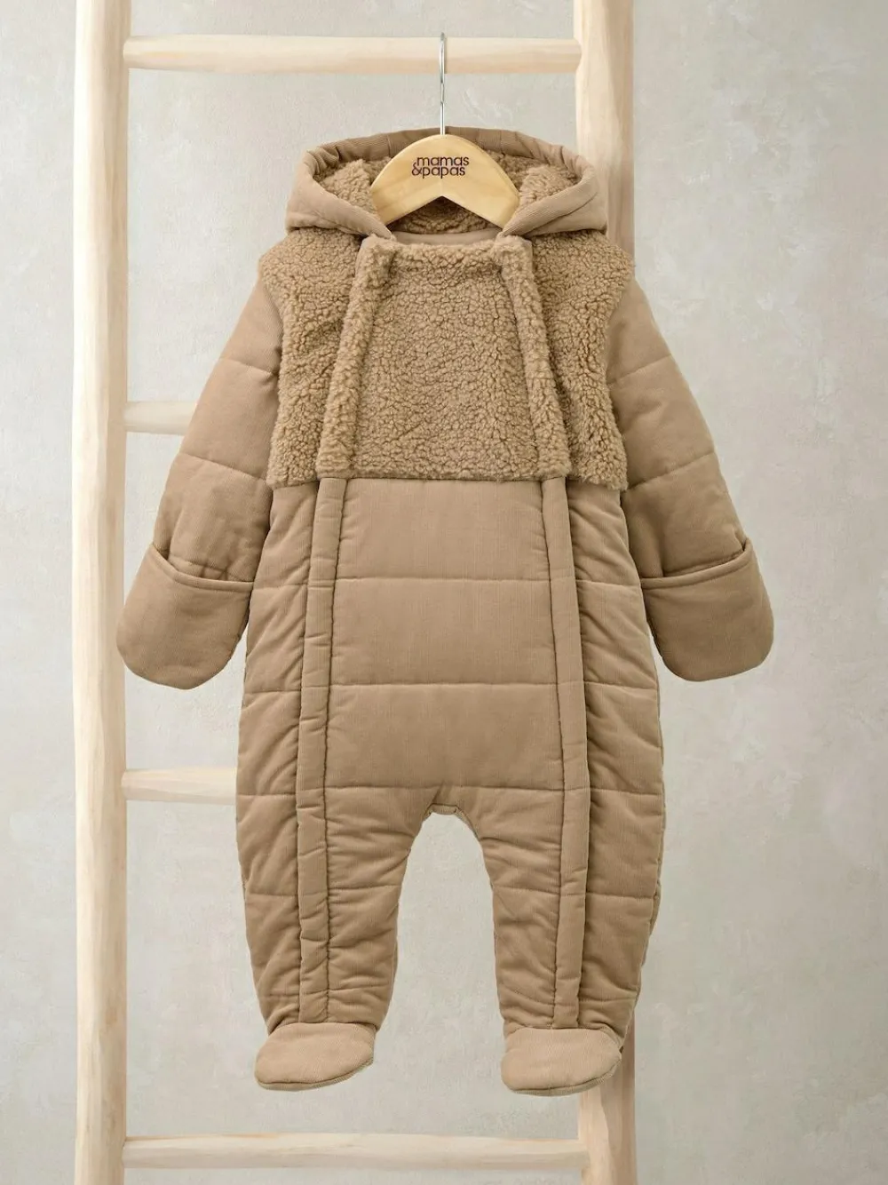 Mamas & Papas Brown Quilted Cord and Borg Pramsuit with 3D Ears^ Jackets & Coats|Snowsuits & Coats