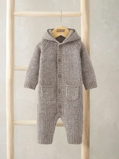 Best Mamas & Papas Brown Ribbed Knitted Romper with 3D Bear Ears