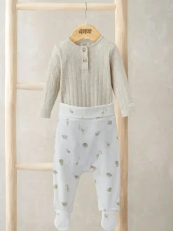 Mamas & Papas Cream 100% Cotton Rib Bodysuit and Safari Print Leggings Set^ Unisex