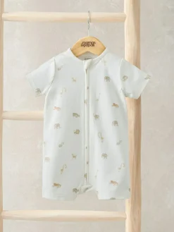 Mamas & Papas Cream 100% Cotton Safari Print Zip Shortie Romper^ Unisex|Rompers & Overalls