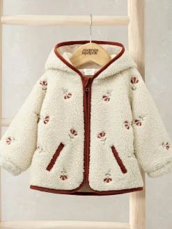 Mamas & Papas Cream Embroidered Hooded Borg Jacket^ Coats, Jackets & Pramsuits|Coats, Jackets & Pramsuits