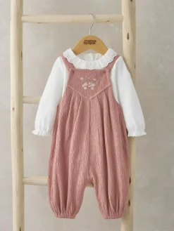 Mamas & Papas Pink 100% Cotton Crinkle Dungaree And Bodysuit Set^ Jumpsuits & Playsuits