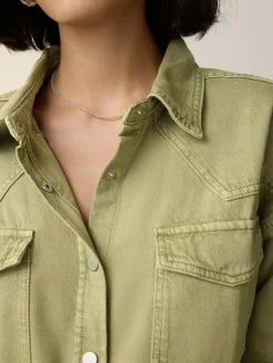 New Next Mid Blue and Khaki Green Oversized Denim Shirts 2 Pack