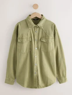 New Next Mid Blue and Khaki Green Oversized Denim Shirts 2 Pack