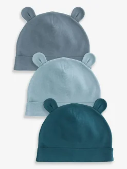 Next Mid Blue Baby 100% Cotton Beanies 3 Pack (0-18mths)^BOY Hats & Scratch Mitts|Newborn Accessories