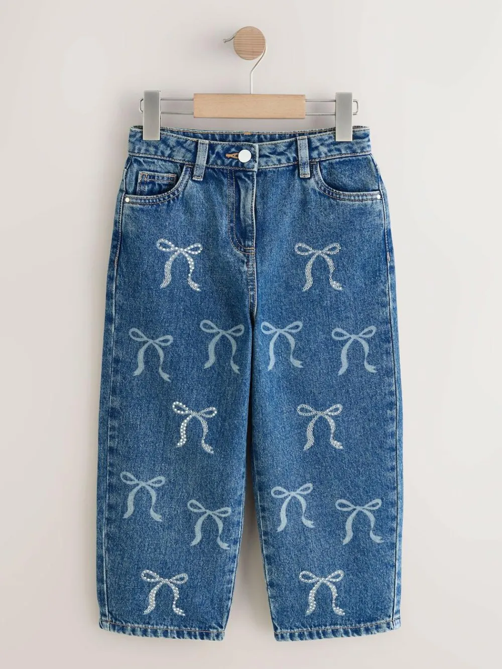 Next Mid Blue Barrel Fit Wide Floral Print Embellished Jeans (3-16yrs)^ Jeans