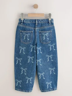 Next Mid Blue Barrel Fit Wide Floral Print Embellished Jeans (3-16yrs)^ Jeans