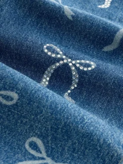 Next Mid Blue Barrel Fit Wide Floral Print Embellished Jeans (3-16yrs)^ Jeans