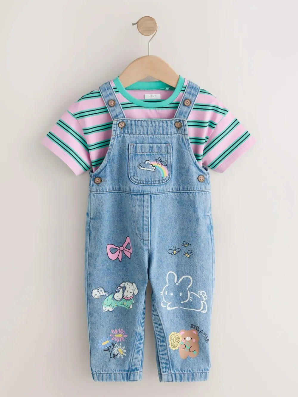 Clearance Next Mid Blue Cat Printed Denim Dungarees (3mths-7yrs)