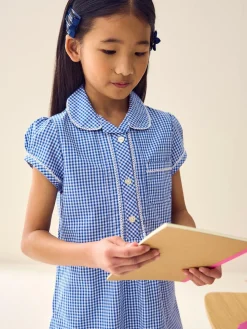 Clearance Next Cotton Rich Button Front Lace Gingham School Dress (3-14yrs) Mid Blue