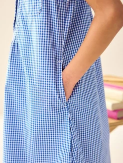 Clearance Next Cotton Rich Button Front Lace Gingham School Dress (3-14yrs) Mid Blue