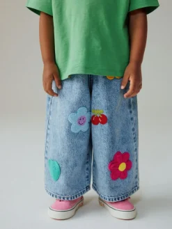 Hot Next Mid Blue Crochet Embellished Wide leg Jeans (3mths-7yrs)