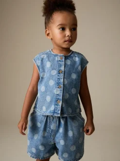 New Next Mid Blue Denim Polka Dot Waistcoat and Shorts Set (3mths-7yrs)