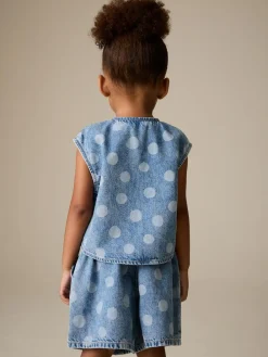 New Next Mid Blue Denim Polka Dot Waistcoat and Shorts Set (3mths-7yrs)