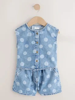 New Next Mid Blue Denim Polka Dot Waistcoat and Shorts Set (3mths-7yrs)
